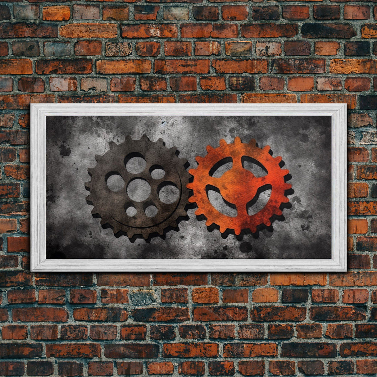 Gears Wall Art, Mechanical Design Wall Decor, Steampunk Art, Red Black, Panoramic Wall Decor, Canvas Print, Wall Art, Framed Canvas Art