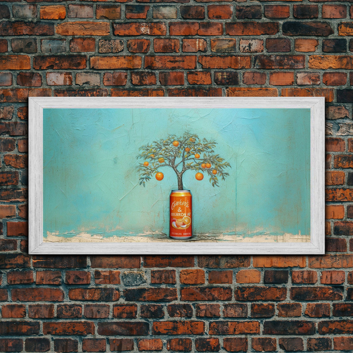 Orange Tree In Soda Can Wall Decor, Orange Wall Art, Plant Art, Teal Art, Panoramic Wall Decor, Canvas Print, Wall Art, Framed Canvas Art