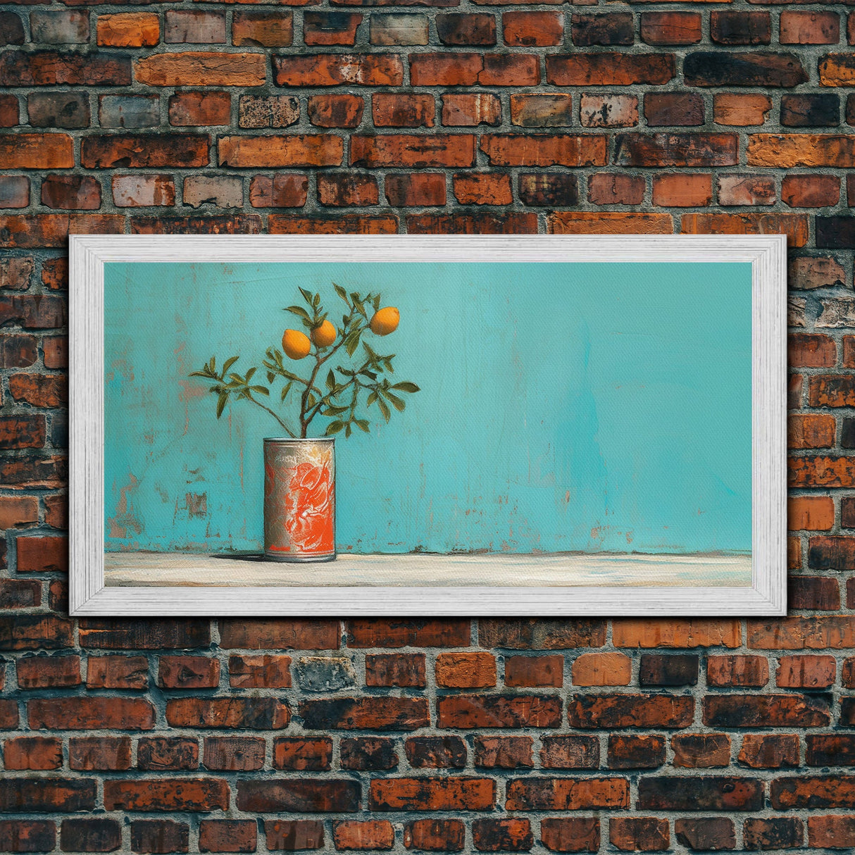 Orange Tree In Soda Can Wall Decor, Orange Wall Art, Plant Art, Teal Art, Panoramic Wall Decor, Canvas Print, Wall Art, Framed Canvas Art