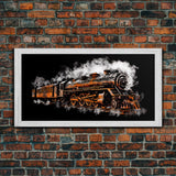 Locomotive Wall Decor, Orange Steam Train Wall Art, Retro Train Wall Art, Panoramic Wall Decor, Canvas Print, Wall Art, Framed Canvas Art