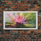 Oil Painting Pink Flower, Pink Water Lily Wall Art, Nature Wall Decor, Panoramic Wall Decor, Canvas Print, Wall Art, Framed Canvas Art