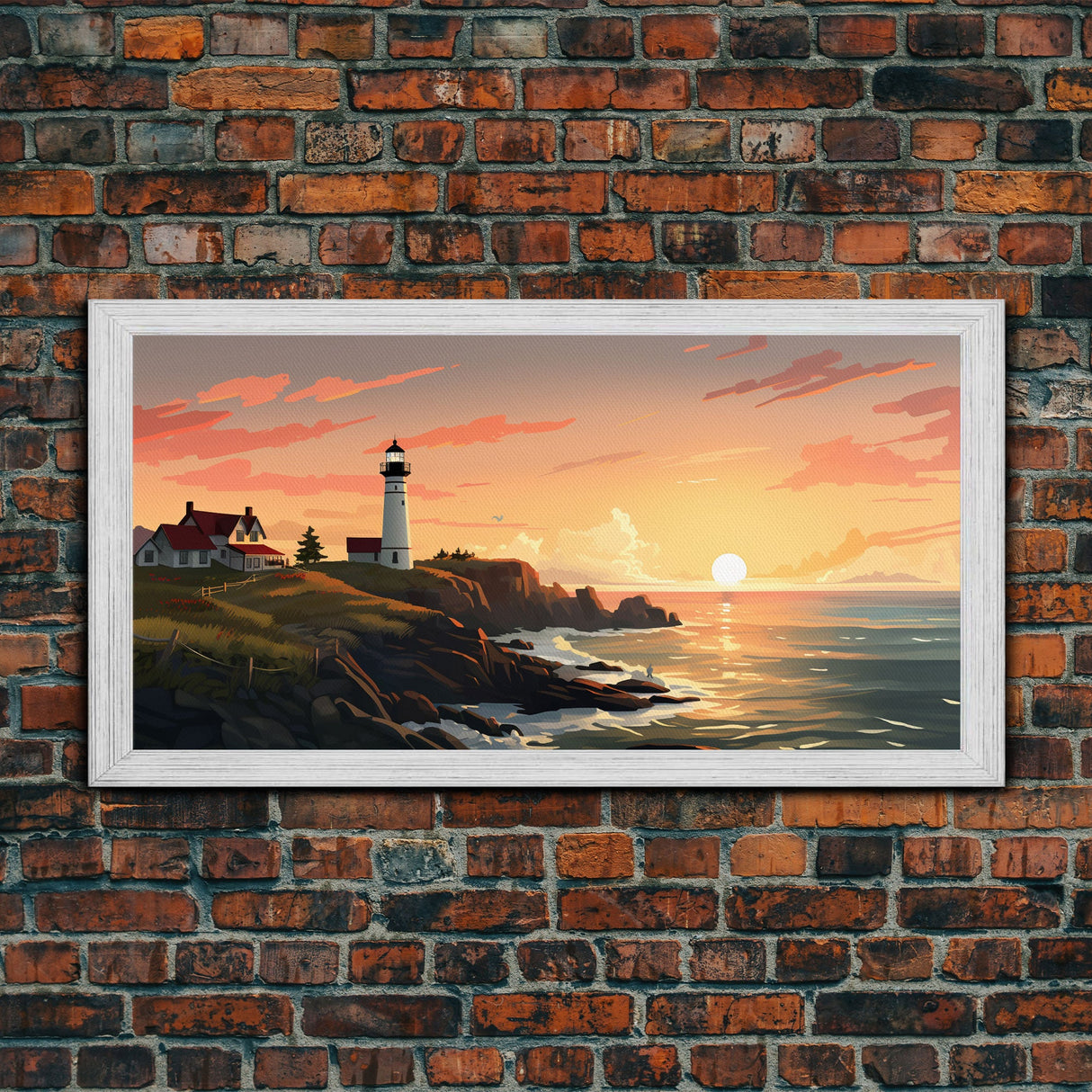 Lighthouse Painting, Nautical Wall Art, Sunset Wall Print, Panoramic Art, Wall Art, Canvas Art, Landscape Art, Above Couch Wall Art, Prints