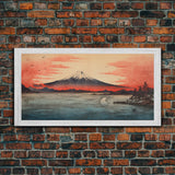 Volcano, Japanese Art, Asian Landscape, Panoramic Art, Wall Art, Canvas Art, Landscape Art, Gift For Him, Modern Home Decor, Home Decor Art