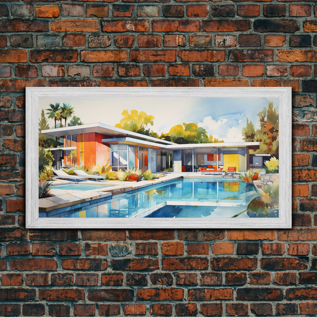 Architecture Art, Midcentury Modern, House Portrait, Watercolor House, Panoramic Art, Wall Art, Canvas Art, Landscape Art, Realtor Gift