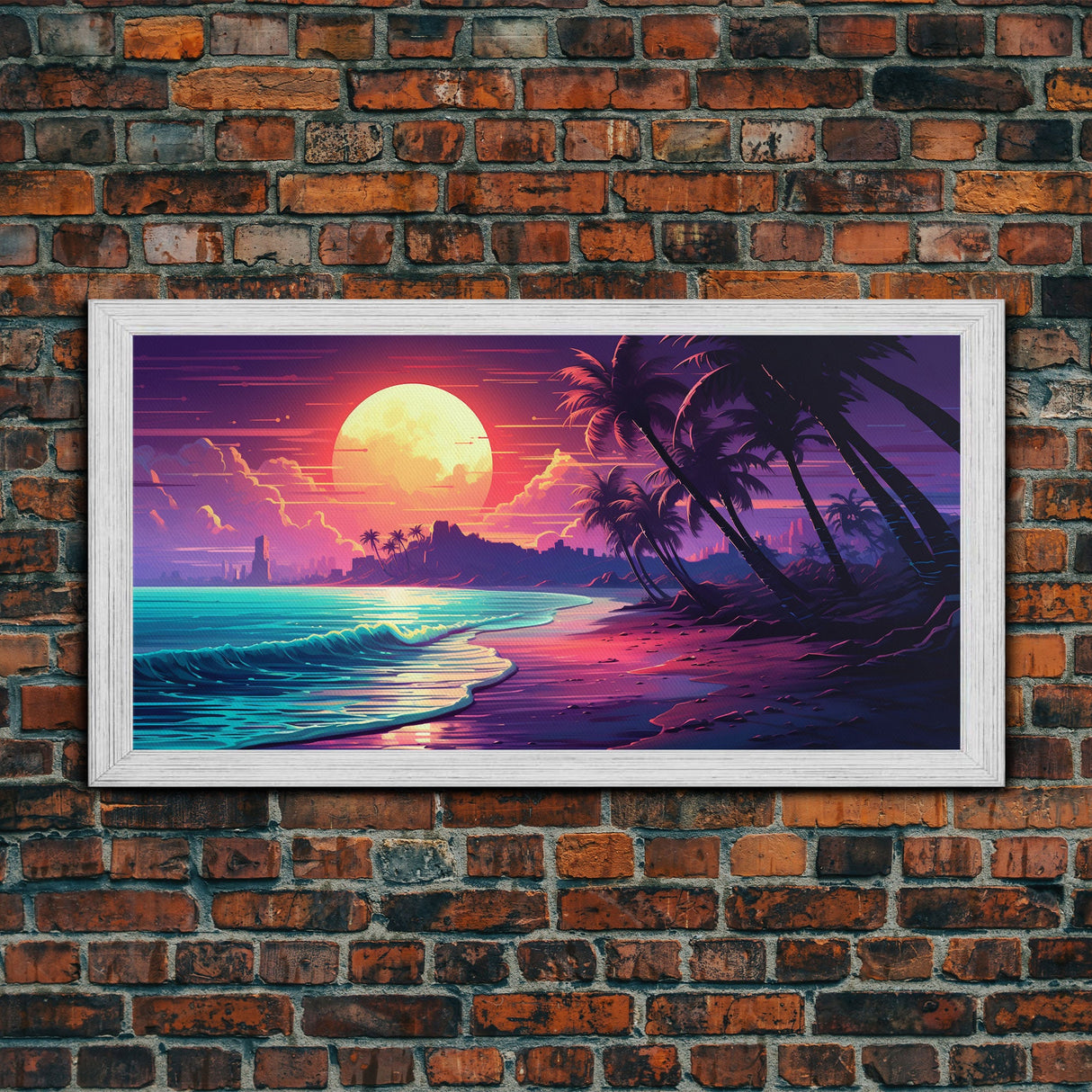 Outrun Vibes, Sunset Over The City and Beach, Palm Tree Decor, Game Room Art, Aesthetic Posters, Retro Art, 80s Vibes, 80s Art