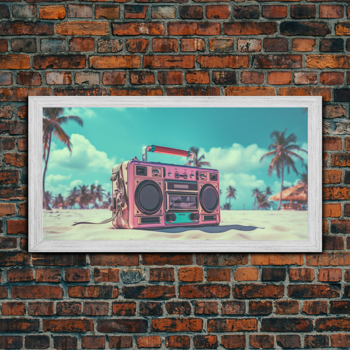 Vaporwave Boombox On The Beach Wall Art, Framed Canvas Print, 1980s Inspired Home Decor, Retro Art, 80s Decor, Aesthetic Decor