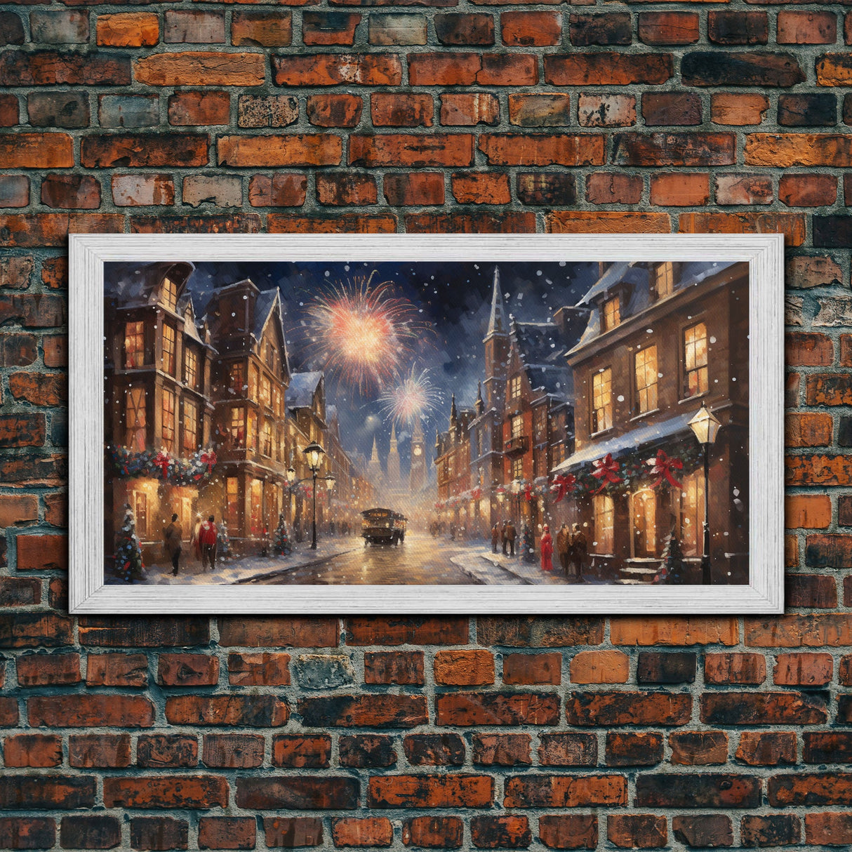 Christmas / New Years Fireworks - Framed Canvas Print - Christmas Wall Art - Christmas Oil Painting - Holiday Decor - Seasonal Art