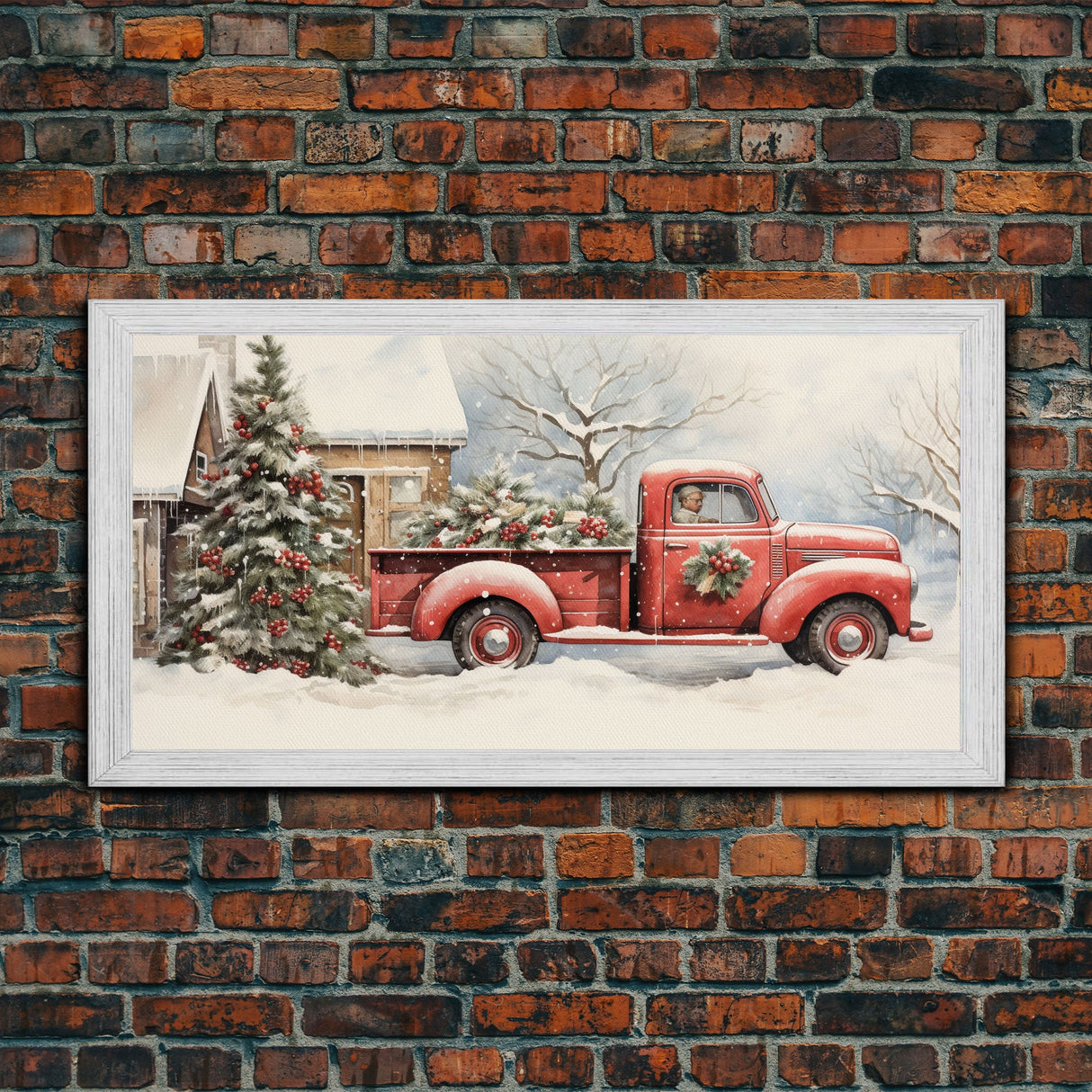 Christmas Tree Delivery - Retro Farmhouse Christmas Decor - Old Red Truck Delivering Christmas Trees - Framed Canvas Print - Holiday Decor