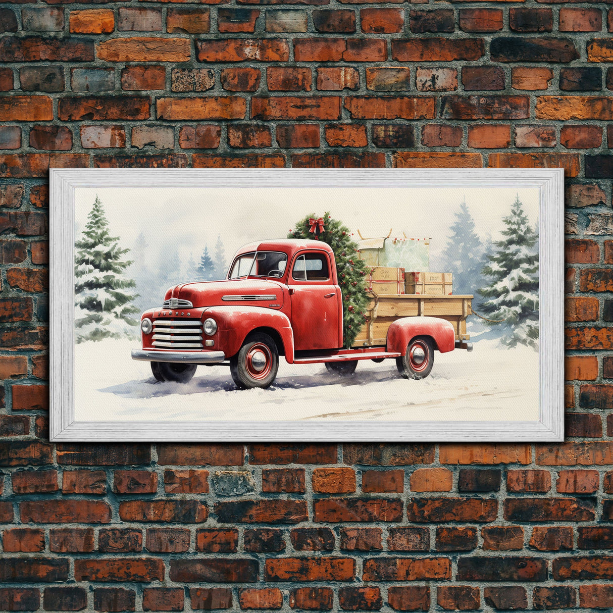 Christmas Tree Delivery - Retro Farmhouse Christmas Decor - Old Red Truck Delivering Christmas Trees - Framed Canvas Print - Holiday Decor