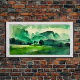 Emerald Green Watercolor Landscape Abstract, ready to hang canvas print wall art, framed canvas wall art