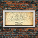 Panoramic Vintage Style Bucharest City Map Wall Art Canvas Print, Distressed Bucharest Map, Framed Art, Cool Travel Wall Art, Office Art