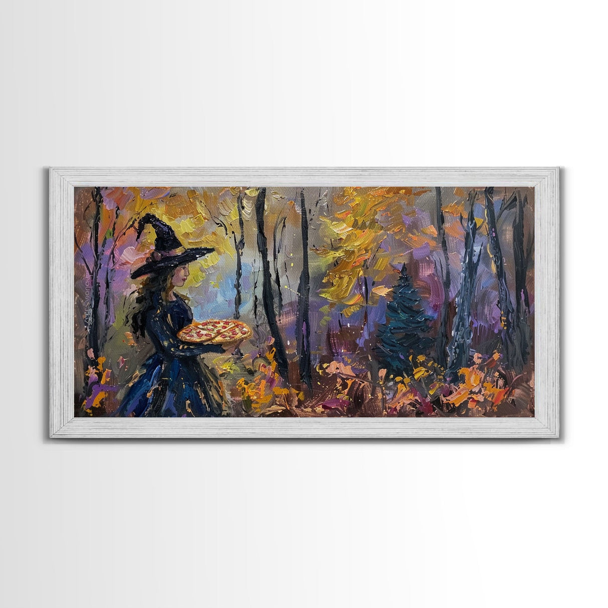 Witch Having A Pizza Party For One In The Haunted Forest, Framed Canvas Print, Funny Halloween Art