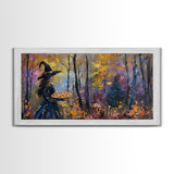 Witch Having A Pizza Party For One In The Haunted Forest, Framed Canvas Print, Funny Halloween Art