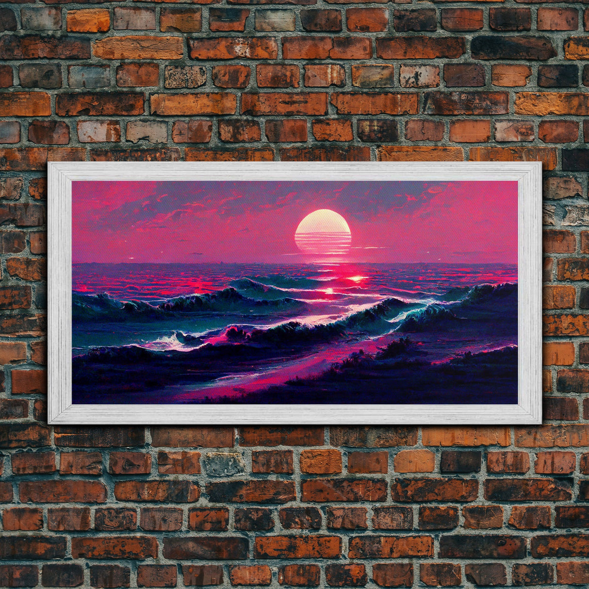 Synth wave sunset, ocean painting canvas print, outrun style, sun set art, wall decor, Made in Texas, ocean sunset, beach vaporwave