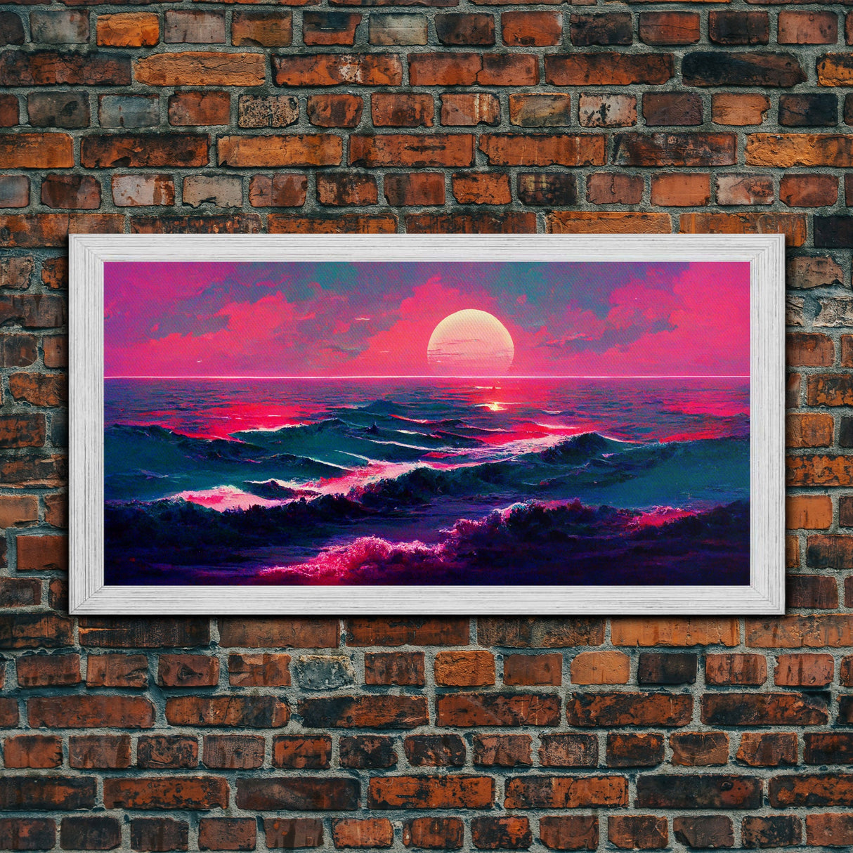 Synth wave sunset wall art, ocean painting canvas print, outrun style, sun set art, wall decor, ocean sunset, beach vaporwave, guest room