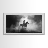 Silhouette of Cowboy on Horse in Dusty Arena, Framed Canvas Print for Western Style Home, Perfect Living Room Decor, Art for Bedroom