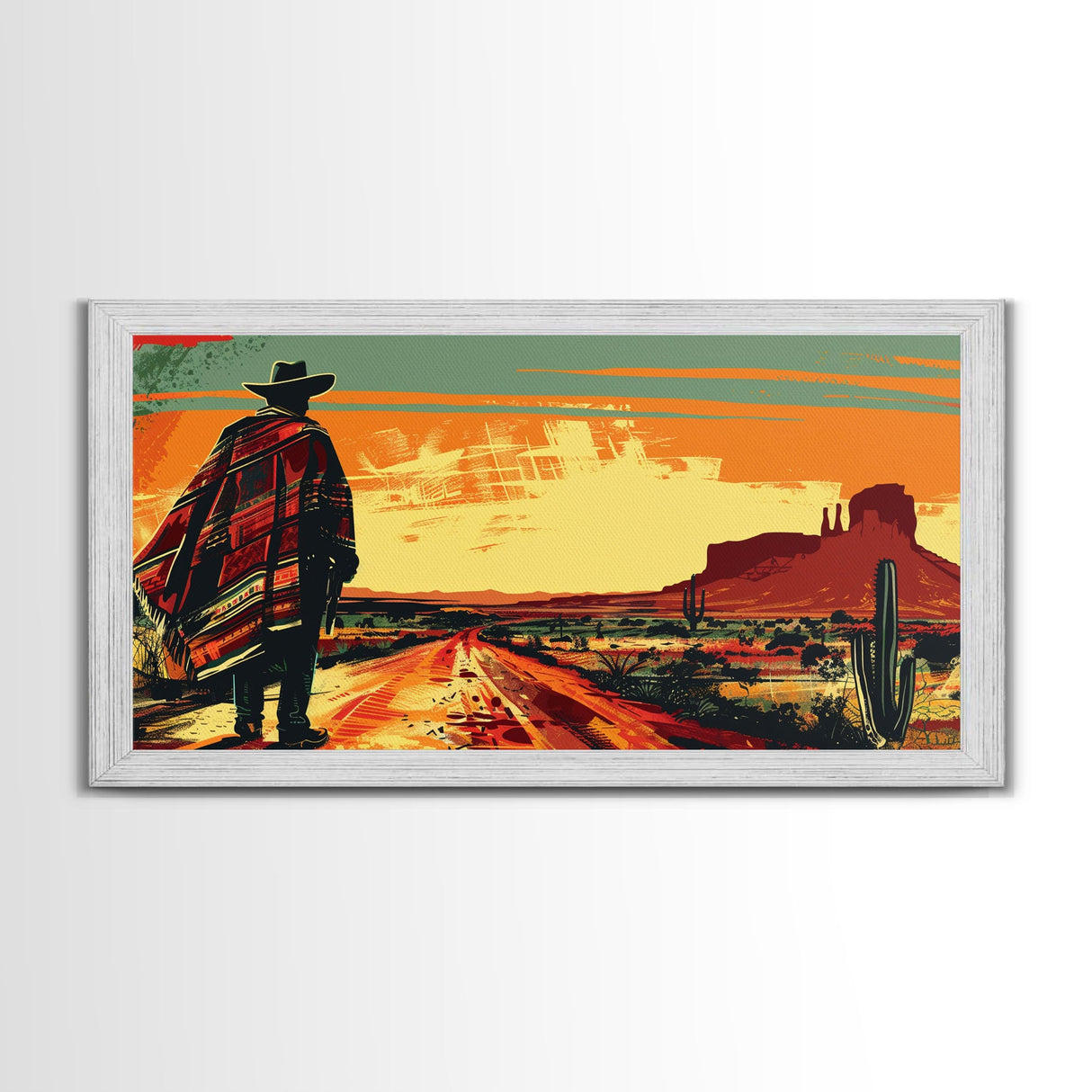 Abstract Cowboy in Desert Sunset Scene, Boho Bedroom Art, Framed Canvas Print, Modern Living Room Decoration, Rustic Wall Art