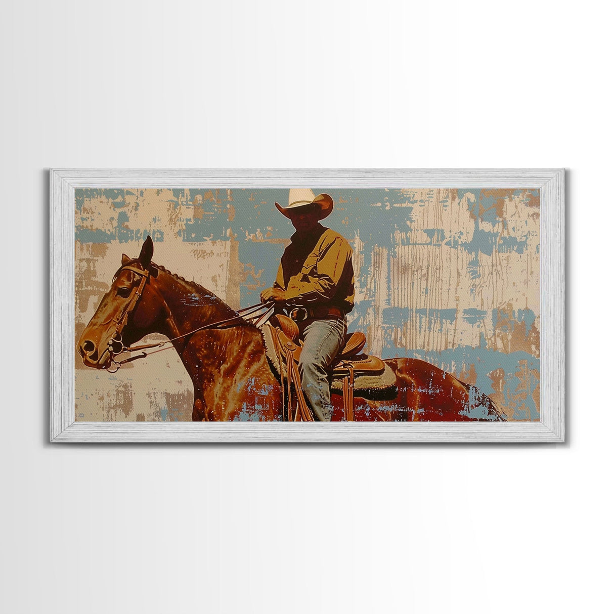 Minimalist Cowboy in Desert Scene, Boho Bedroom Art, Framed Canvas Print, Rustic Living Room Decoration, Western Wall Art