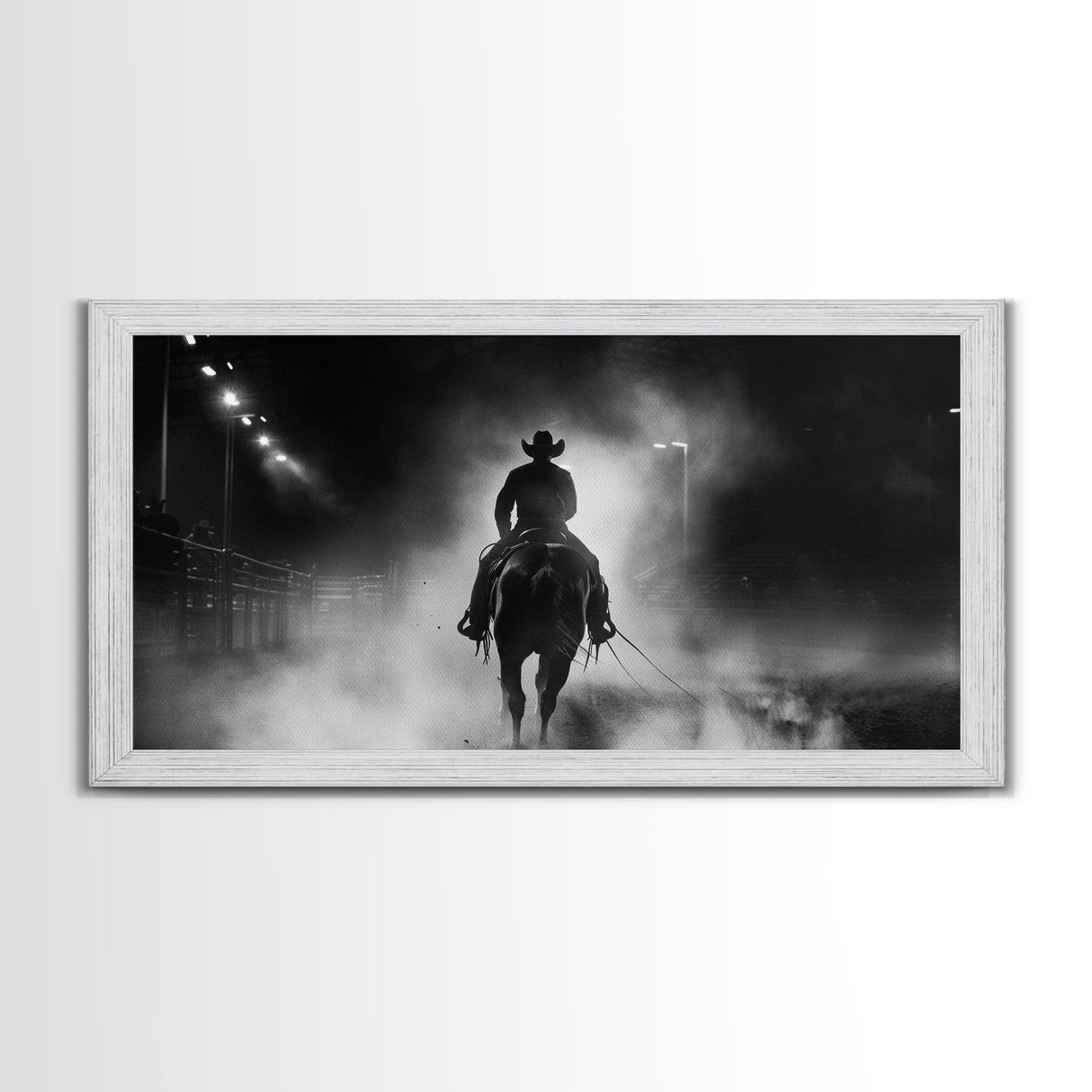 Mysterious Cowboy Riding Through Smoke at Night, Framed Canvas Print for Living Room, Ideal Western Bedroom Decor, Wall Art