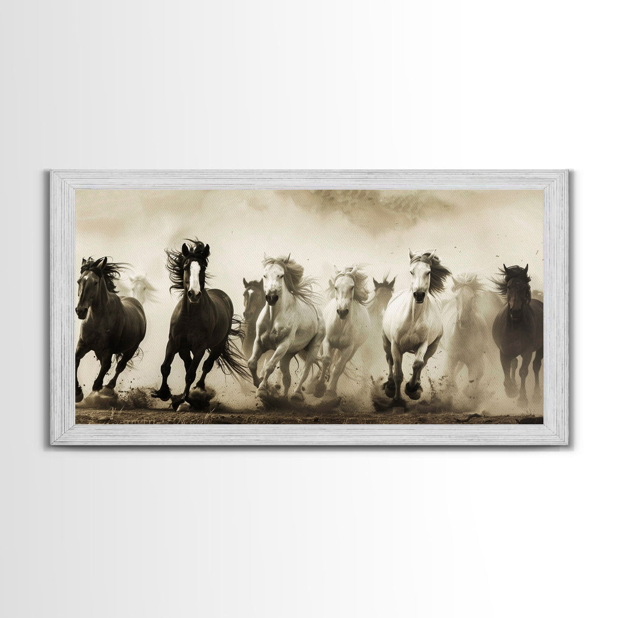 Majestic Running Horses in Dusty Field, Framed Canvas Print, Western Wall Art, Living Room Decor, Nature Scene, Horse Art