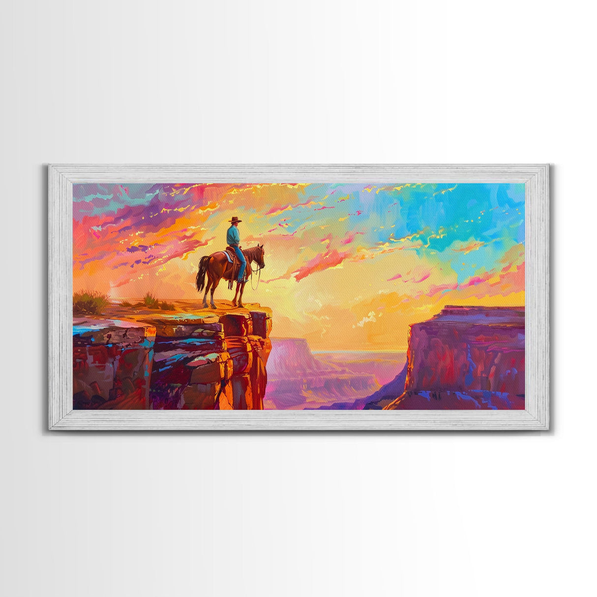 Lone Cowboy at Canyon Edge During Sunset, Farmhouse Style Framed Canvas Print for Bedroom Wall Art, Rustic Home Decor, Western Landscape