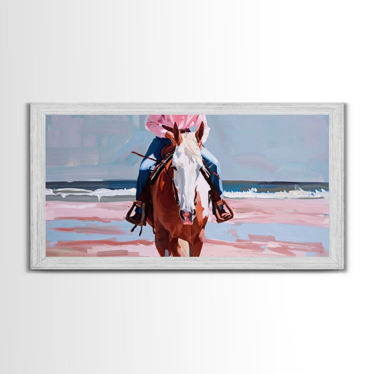 Serene Beach Horse Riding Scene, Elegant Framed Canvas Print, Ideal for Coastal Living Room Art, Beach Bedroom Decor, Horse Wall Art