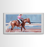 Woman Riding Horse on Beach, Peaceful Framed Canvas Print, Great for Coastal Living Room Art, Beach Bedroom Decor, Equestrian Wall Art