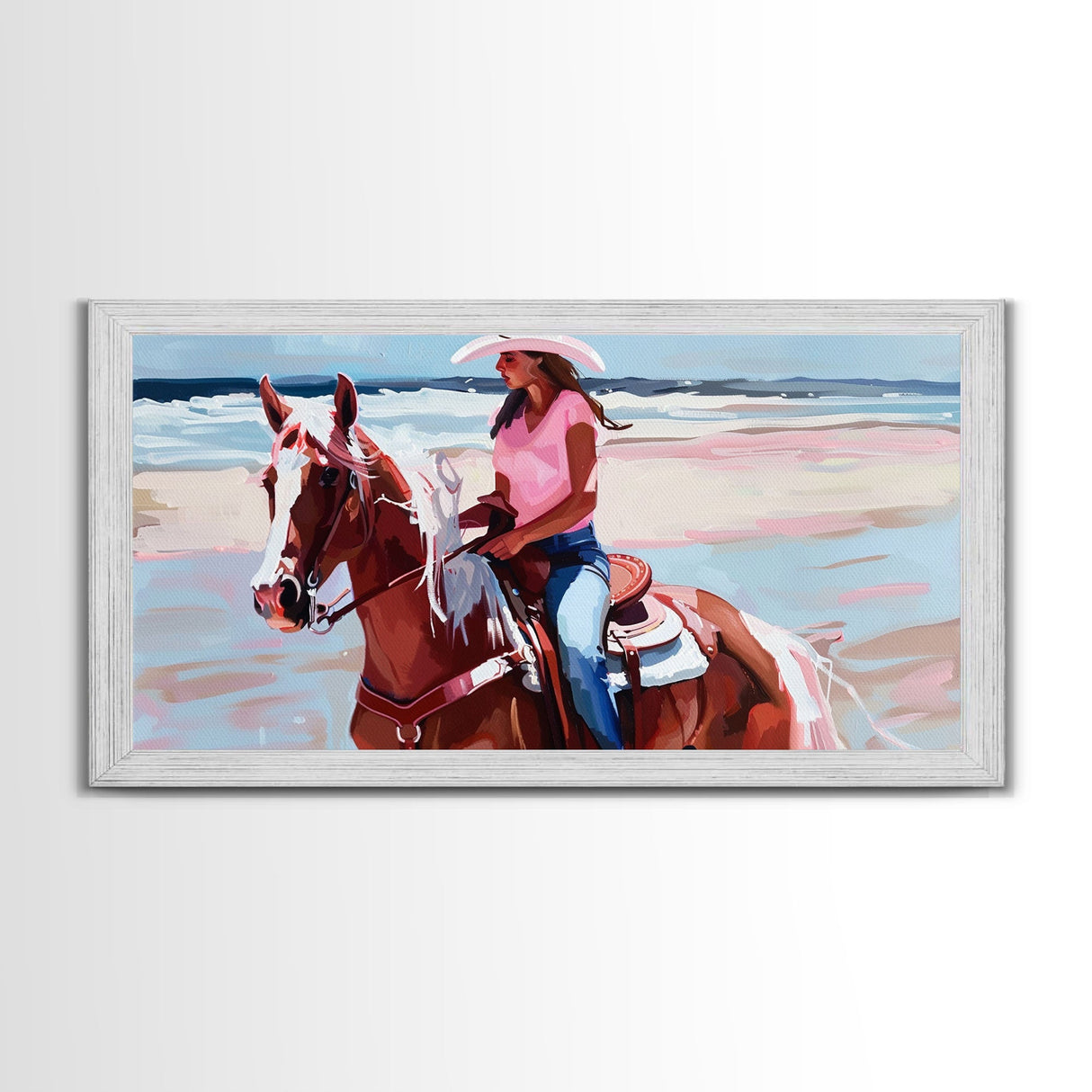 Cowgirl on Horse at the Beach, Stunning Framed Canvas Print, Ideal for Coastal Living Room Art, Beach Bedroom Decor, Equestrian Wall Art