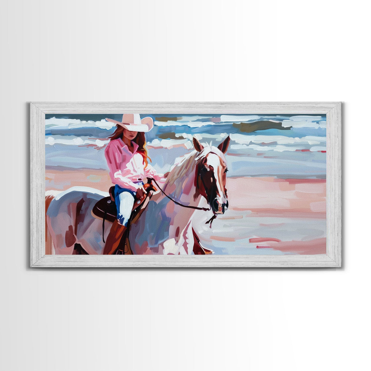 Cowgirl in Pink Shirt Riding Horse by the Sea, Beautiful Framed Canvas Print, Coastal Living Room Art, Beach Bedroom Decor, Horse Art