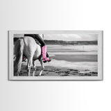 Beach Horseback Rider with Pink Boots, Delightful Framed Canvas Print, Ideal for Living Room or Bedroom Wall Art