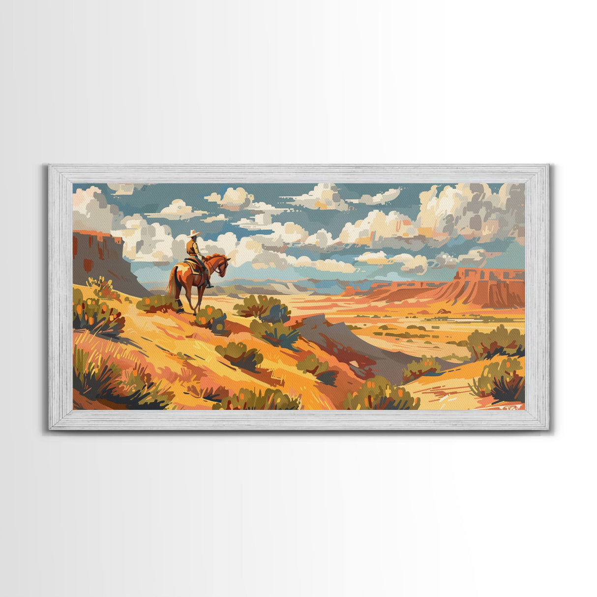 Horseback Rider in Desert Landscape, Perfect for Living Room Art, Framed Canvas Print, Western Wall Art, Home and Bedroom Decor