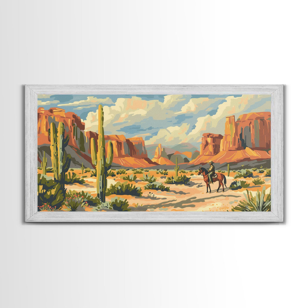 Lone Cowboy in Desert Landscape, Framed Canvas Print, Perfect for Rustic Living Room Art, Western Wall Art, Home and Bedroom Decor