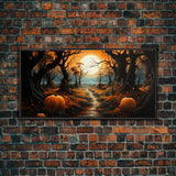 Halloween Wall Decor, Spooky Art Print, Pumpkin Decor, Canvas Print, Wall Hanging, Panoramic Art, Farmhouse Wall Art, Ranch House Decor