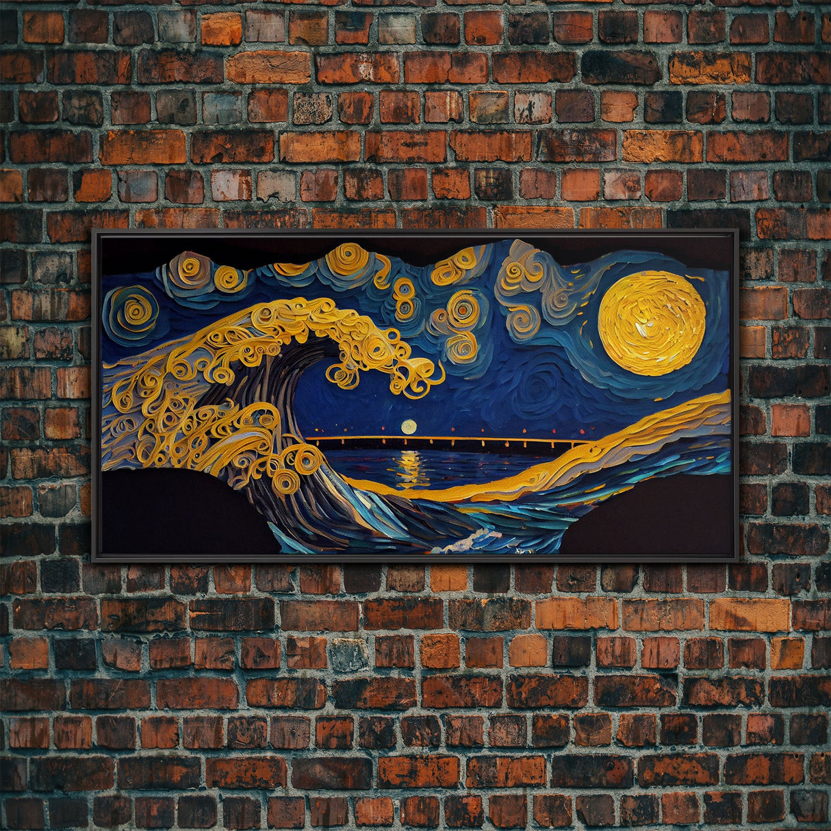 The Wave, Abstract Art, Framed Canvas Print, Wood Framed Wall Art, Gift, Van Gogh Style Art, Full Moon