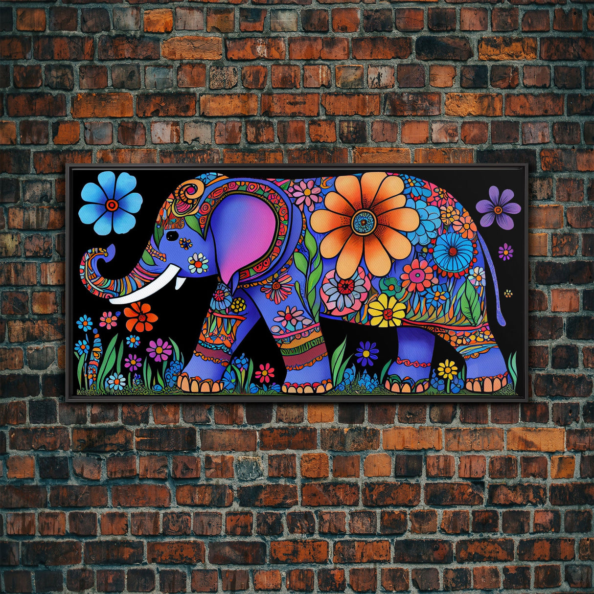 Elephant Art, Wall Art, Framed Canvas Print, Canvas Art, Indian Style Abstract Elephant With Flowers