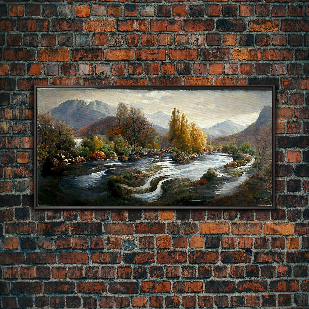 Scenic nature landscape canvas print, flowing river water color, fall scenic art, panoramic nature landscape