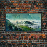 Panoramic Green Blue Foggy Mountain Valley Watercolor Canvas Art Print, Misty Rolling Hills Landscape, Extra Large Panorama Print