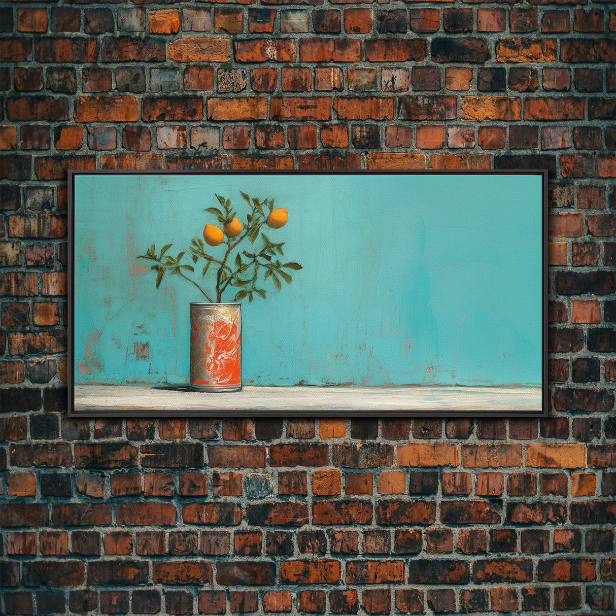 Orange Tree In Soda Can Wall Decor, Orange Wall Art, Plant Art, Teal Art, Panoramic Wall Decor, Canvas Print, Wall Art, Framed Canvas Art