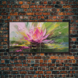 Oil Painting Pink Flower, Pink Water Lily Wall Art, Nature Wall Decor, Panoramic Wall Decor, Canvas Print, Wall Art, Framed Canvas Art