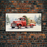 Christmas Tree Delivery - Retro Farmhouse Christmas Decor - Old Red Truck Delivering Christmas Trees - Framed Canvas Print - Holiday Decor