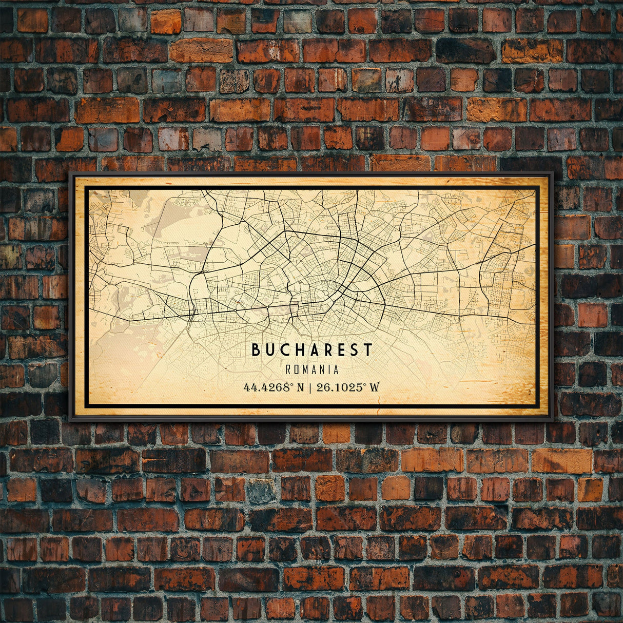 Panoramic Vintage Style Bucharest City Map Wall Art Canvas Print, Distressed Bucharest Map, Framed Art, Cool Travel Wall Art, Office Art