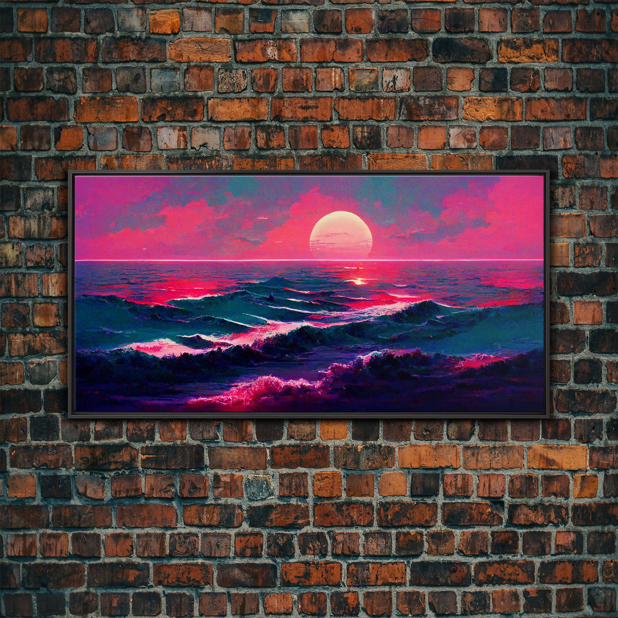 Synth wave sunset wall art, ocean painting canvas print, outrun style, sun set art, wall decor, ocean sunset, beach vaporwave, guest room