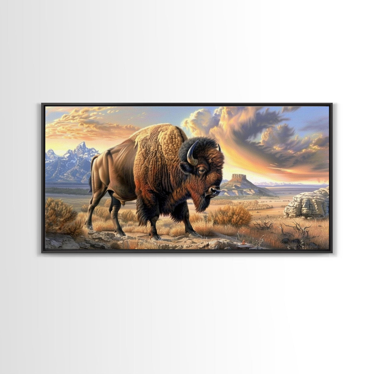 Lone Bison Roaming the Plains, Framed Canvas Print, Great for Living Room Art, Rustic Home Decor, Western Style Bedroom Wall Art