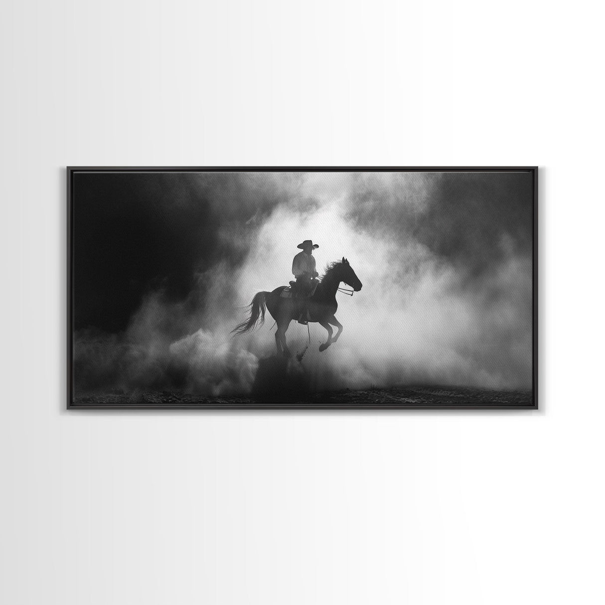 Silhouette of Cowboy on Horse in Dusty Arena, Framed Canvas Print for Western Style Home, Perfect Living Room Decor, Art for Bedroom