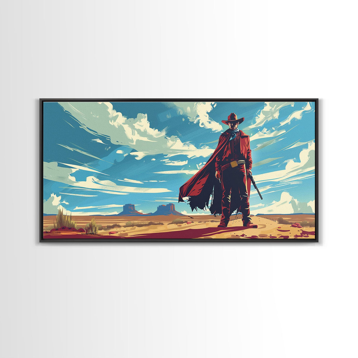 Lone Cowboy in Expansive Desert Landscape, Stunning Wall Art, Framed Canvas Print, Boho Living Room Decor, Western Home Decoration