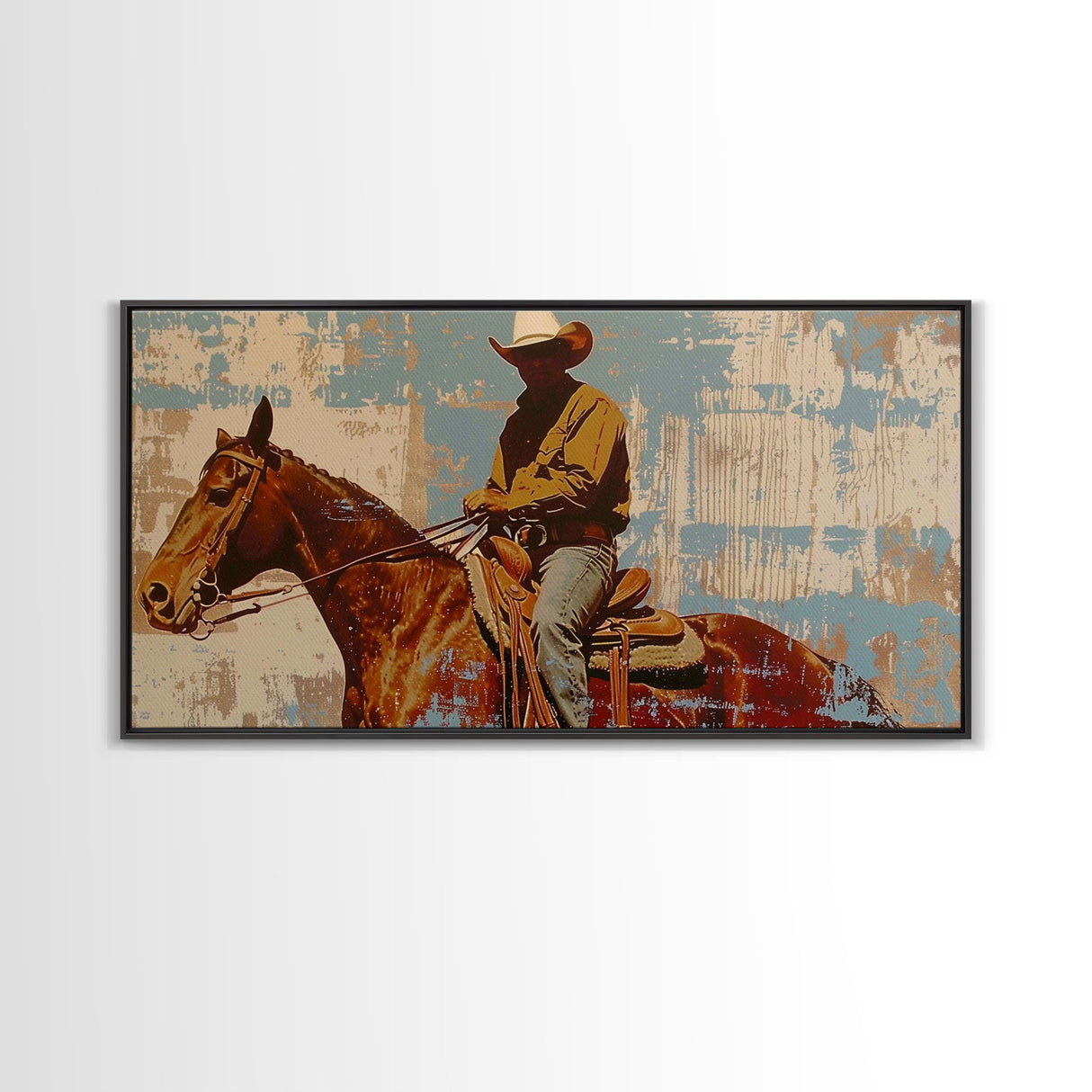 Minimalist Cowboy in Desert Scene, Boho Bedroom Art, Framed Canvas Print, Rustic Living Room Decoration, Western Wall Art