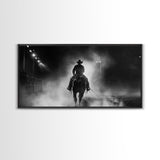 Mysterious Cowboy Riding Through Smoke at Night, Framed Canvas Print for Living Room, Ideal Western Bedroom Decor, Wall Art