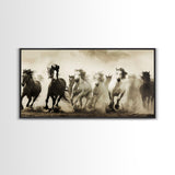 Majestic Running Horses in Dusty Field, Framed Canvas Print, Western Wall Art, Living Room Decor, Nature Scene, Horse Art