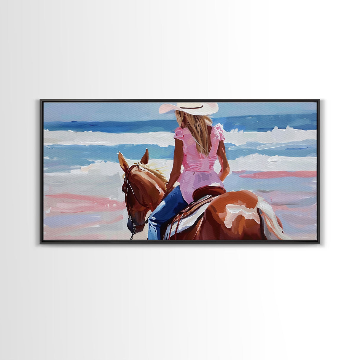 Cowgirl Riding Horse by the Ocean, Tranquil Framed Canvas Print, Perfect for Coastal Living Room Art, Beach Bedroom Decor, Horse Wall Art