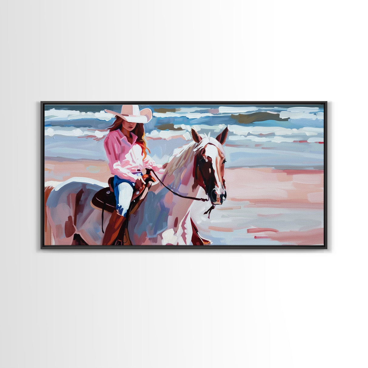 Cowgirl in Pink Shirt Riding Horse by the Sea, Beautiful Framed Canvas Print, Coastal Living Room Art, Beach Bedroom Decor, Horse Art